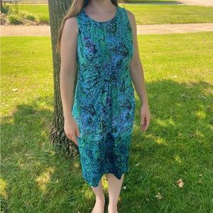 Cato Fashions blue and green summer women’s midi dress, size 12.